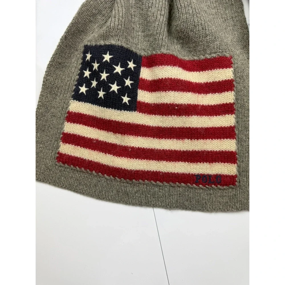 Vintage Polo Ralph Lauren USA Flag Knit Wool Scarf Gray Heather Mens Womens